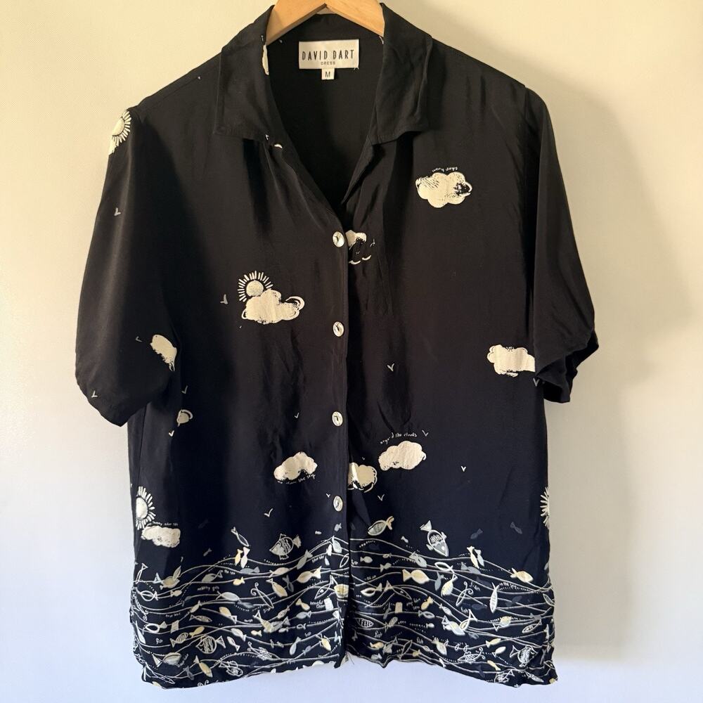 David Dart Dress Women's M Black Cloud Print Button Up Blouse Short Sleeve Artsy